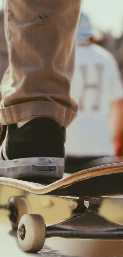 Close-up of a skateboarder in action, showcasing dynamic motion and urban vibe.