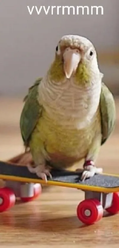 Parrot enjoying a skateboard ride on a wooden floor.