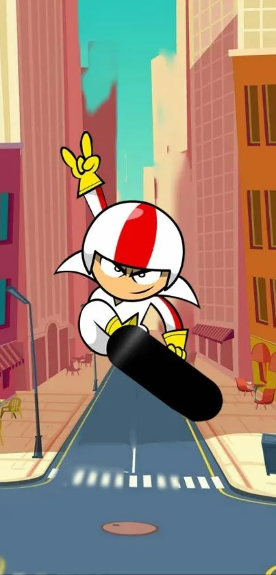 Cartoon hero skateboarder flying through a vibrant cityscape.