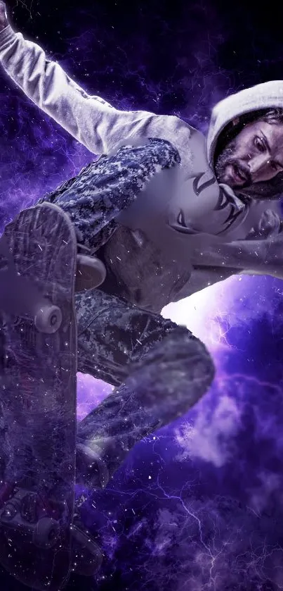 Skateboarder performing trick in purple vortex on mobile wallpaper.