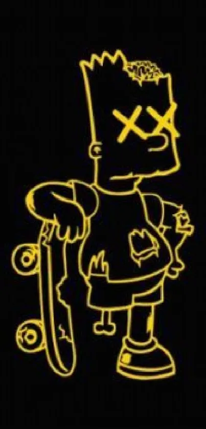 Yellow outline of a cartoon character with a skateboard on black background.