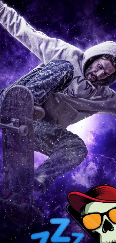 Skateboarder soaring through cosmic purple dreamscape with graffiti art.