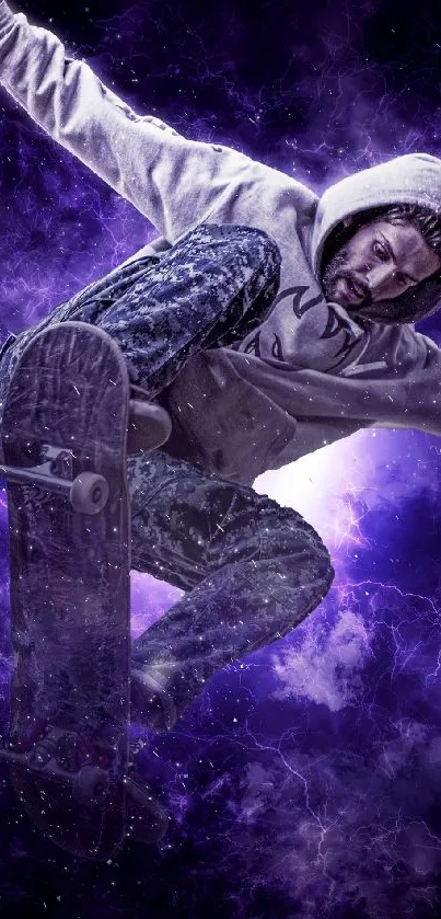 Skateboarder flies through purple cosmic vortex, dynamic energy captured in motion.