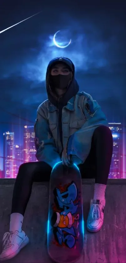 Hooded skater with skateboard in neon-lit cityscape under a crescent moon.