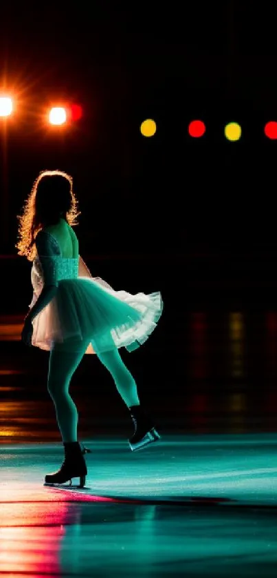 Skater in a tutu illuminated by neon lights at night.