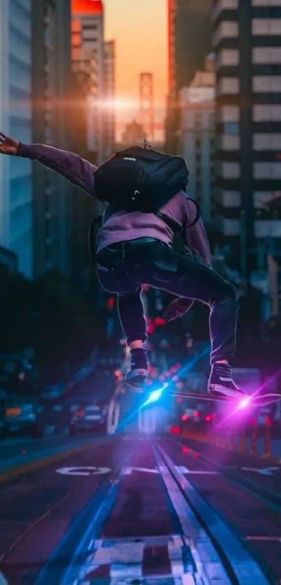 Skater jumps in vibrant city at sunset.