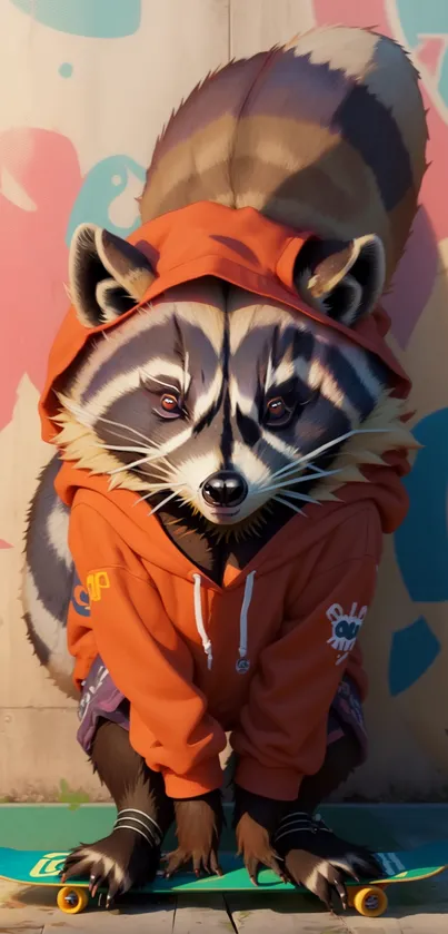 Raccoon wearing an orange hoodie with a skateboard on a graffiti background.