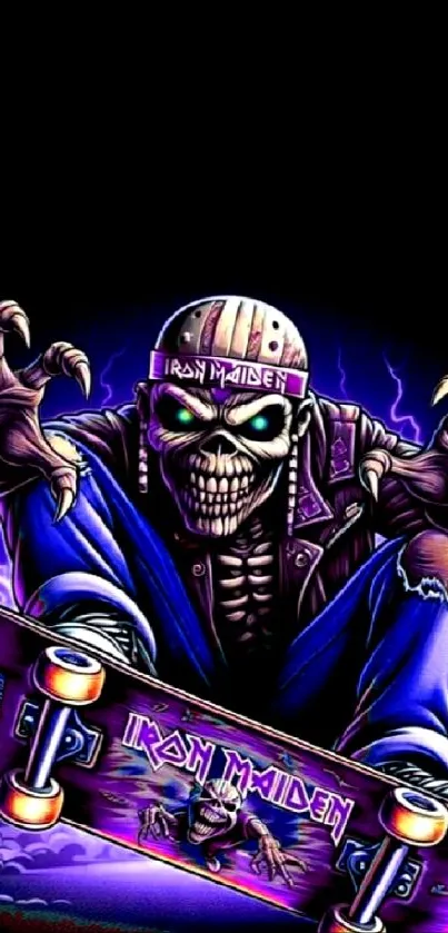 A skeleton in a vibrant Iron Maiden-themed skateboarding art.