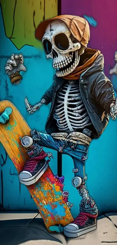 Colorful skateboard skeleton in urban graffiti art style on a vibrant background.