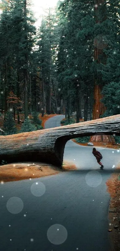 Skateboarder navigating a forest tunnel under tall trees.