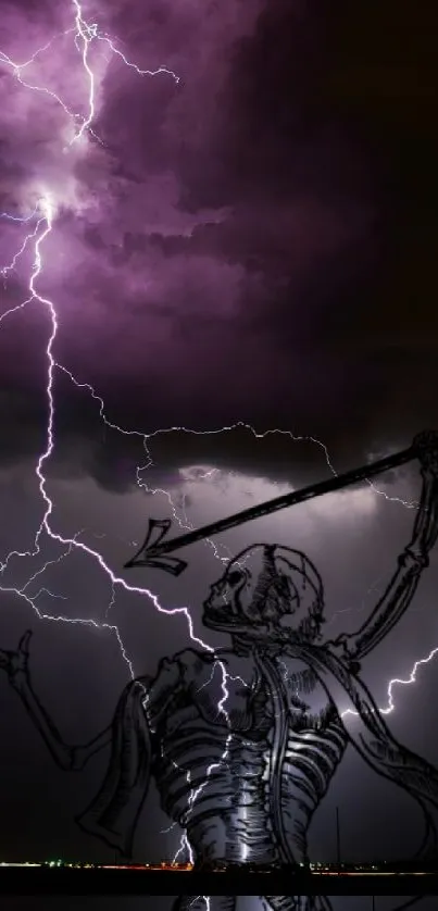 Skeleton and lightning storm mobile wallpaper with dark sky.