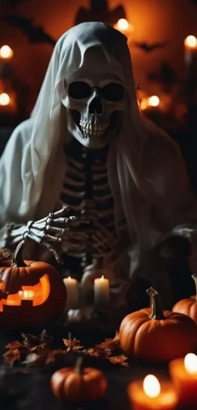 Skeleton with pumpkins and candles in Halloween theme.