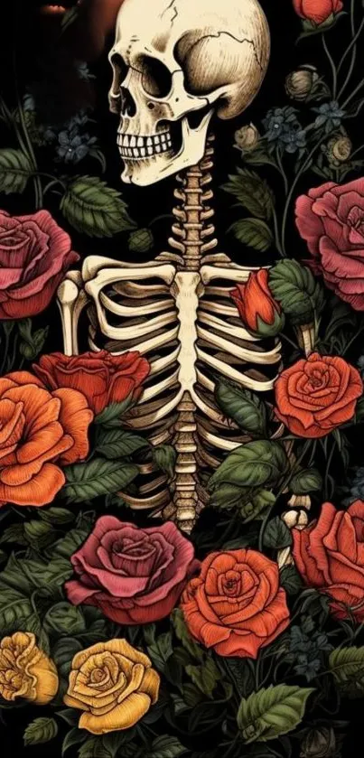 Artistic wallpaper of skeleton with colorful roses.