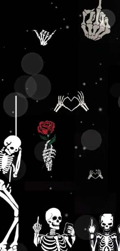 Skeleton art wallpaper with black background and rose.