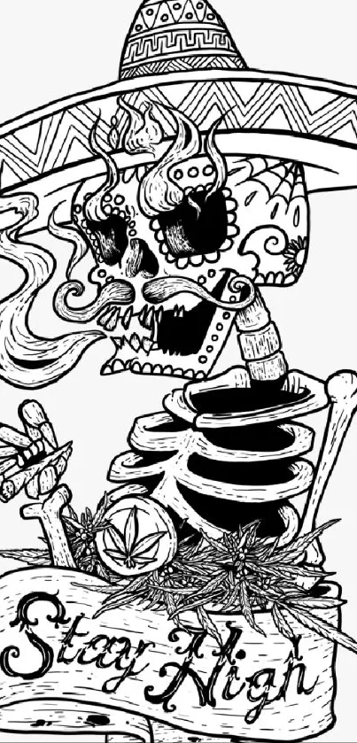 Monochrome skeleton with sombrero and smoke art design.