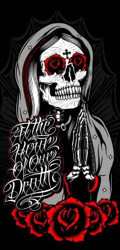 Skull and roses gothic artwork on a black background.