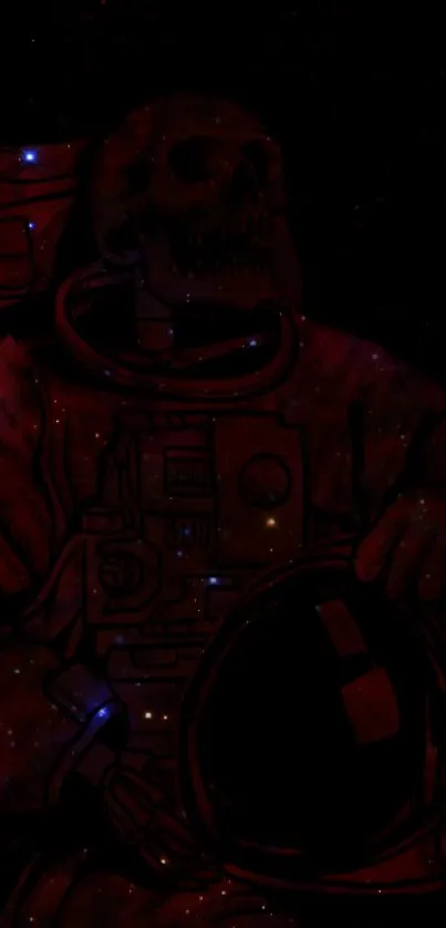 Dark red skeleton astronaut in space suit with starry night sky backdrop.