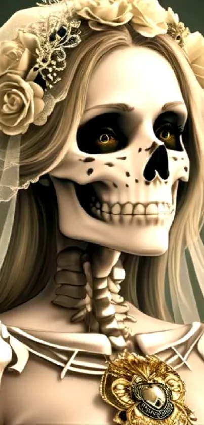 Gothic skeleton bride with floral headpiece and veil.