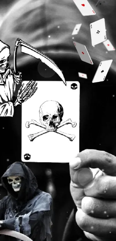 Grim reaper holding a skull card with floating playing cards in dark background.