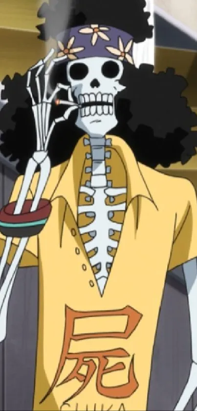 Anime skeleton character in yellow shirt.