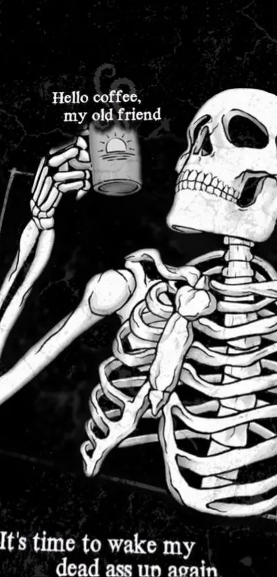 Skeleton with coffee cup, dark humor wallpaper.