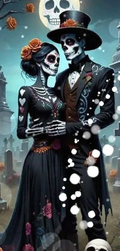 Skeleton couple in a graveyard scene with moonlight.