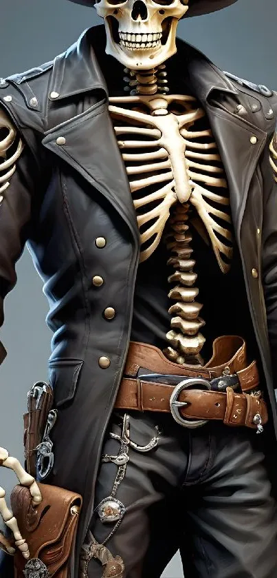 Skeleton cowboy in leather coat with gothic elements.