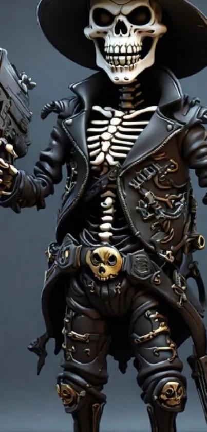 Skeleton cowboy holding gun, dark gothic artwork.