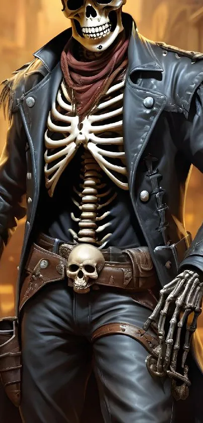 Steampunk skeleton cowboy in a dark coat with detailed gothic elements.