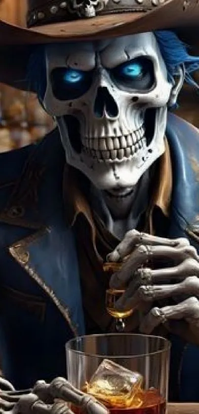 Stylish skeleton cowboy with glowing blue eyes holding whisky.