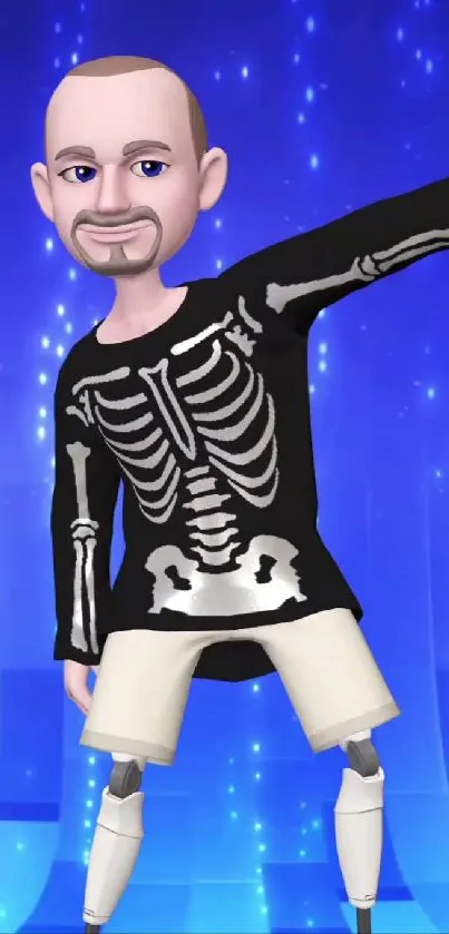Cartoon character in skeleton outfit dances on vibrant blue background.