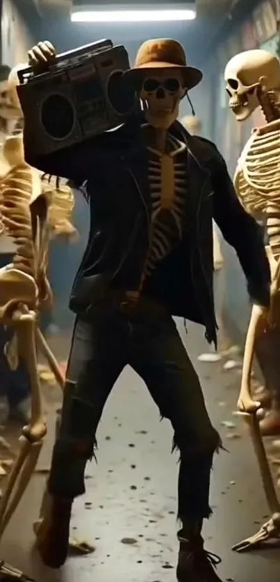 Skeletons dance in colorful alley with boombox.