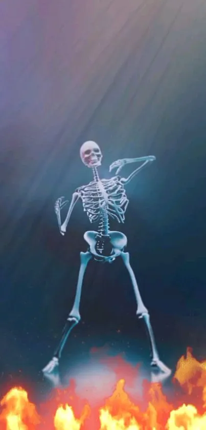 Dancing skeleton with flames in vibrant background.