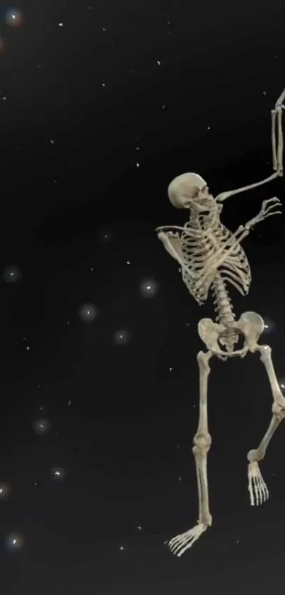 Skeleton dancing joyfully among stars in a serene space.