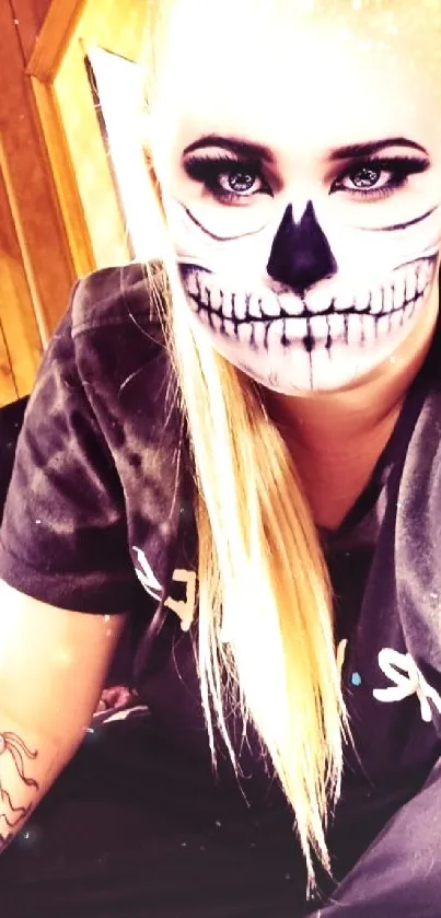 Person with skeleton face makeup in a warm, wooden setting.