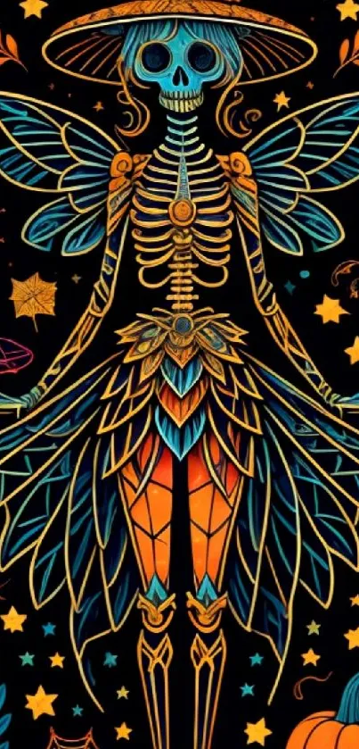 Colorful skeleton fairy with Halloween elements on a dark background.