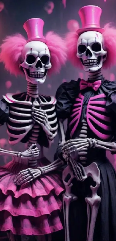 Two skeletons in pink outfits and top hats, set against a vivid gothic backdrop.