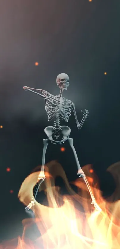 Skeleton dancing on flames, dark background wallpaper.