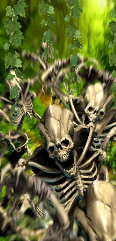 Skeleton figures in a lush green forest setting with hanging leaves.