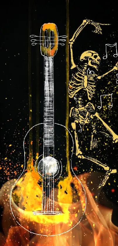 Artistic skeleton with guitar in vibrant colors on a black background.