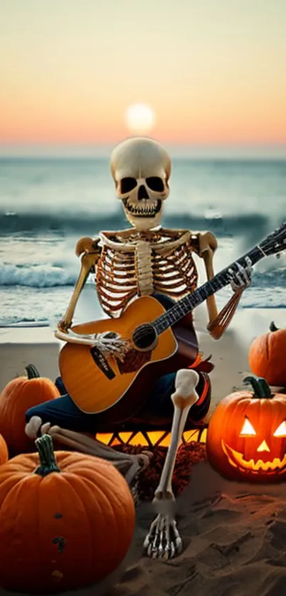 Skeleton playing guitar with pumpkins on a beach at sunset.