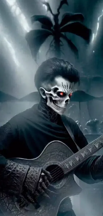 Skeleton guitarist in mystical forest wallpaper.