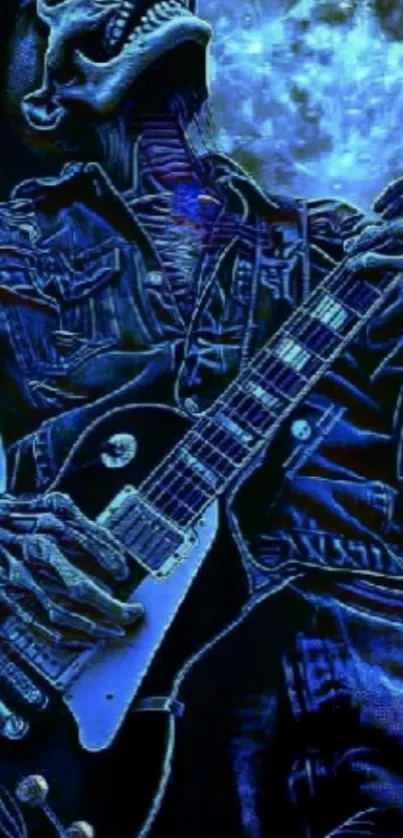 Skeleton guitarist under a moonlit sky.