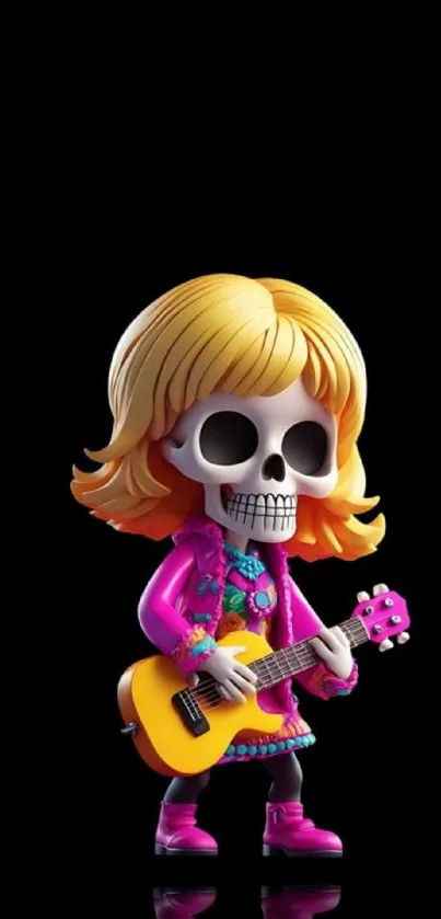 Colorful skeleton guitarist on black background mobile wallpaper.