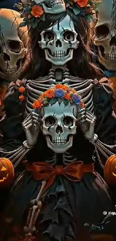 Skeleton with floral crown and pumpkins, perfect for Halloween wallpaper.