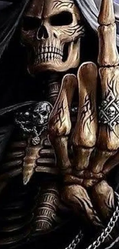 Grim Reaper skeleton hand with intricate gothic details.