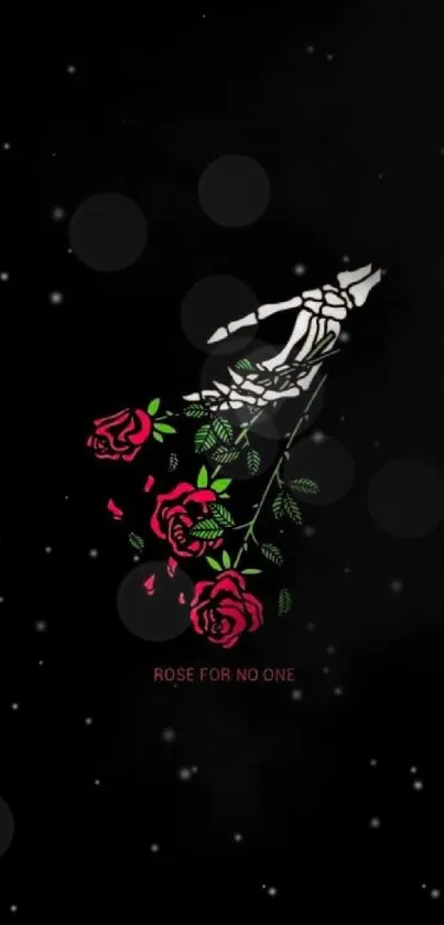 Skeleton hand holding roses on black background.