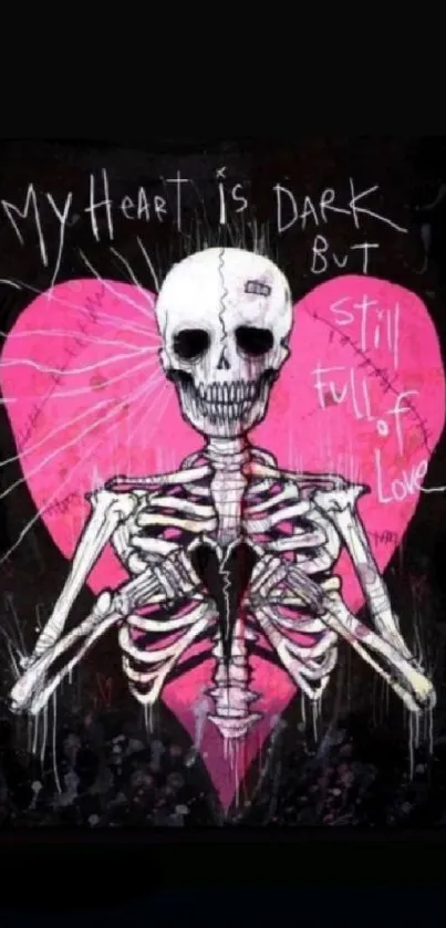 Skeleton with pink heart background art.