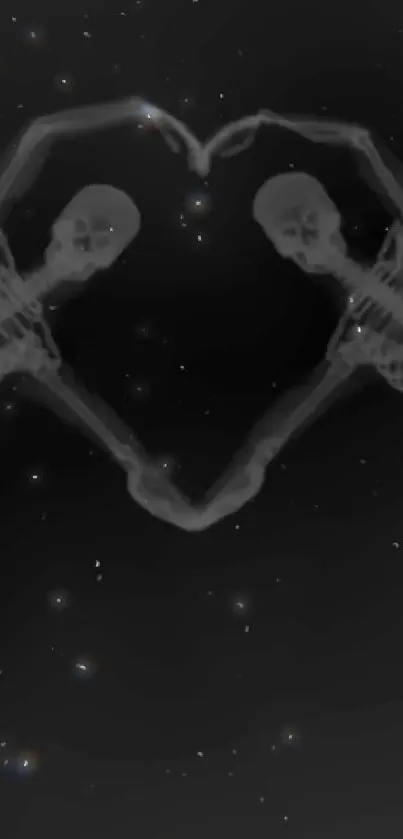 Skeletons form a heart against a cosmic backdrop.