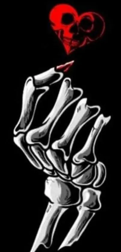 Skeleton hand with red heart on black background.